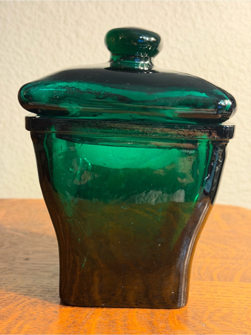 Vintage Emerald Green Art Glass Lidded Jar Hand Blown Mid Century 1960s 70s 4lb.
